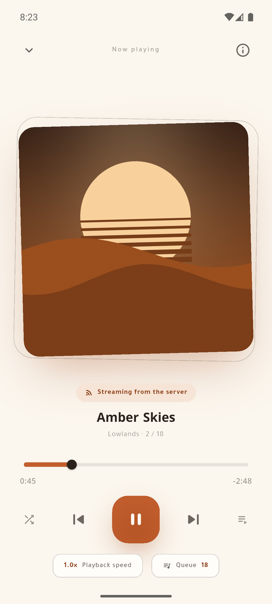 The audio player: cover art, a seek bar, shuffle, speed and the queue