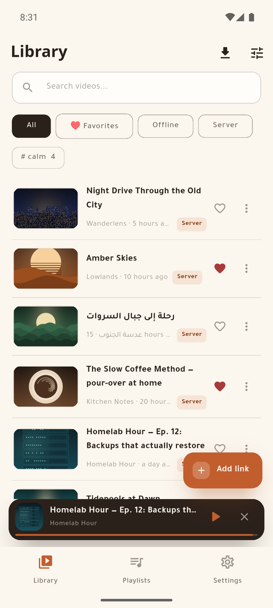 The MeTube Super library: server items with covers, favourites, a tag filter and the mini player