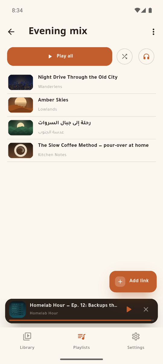 One playlist with play all, shuffle and audio-only buttons