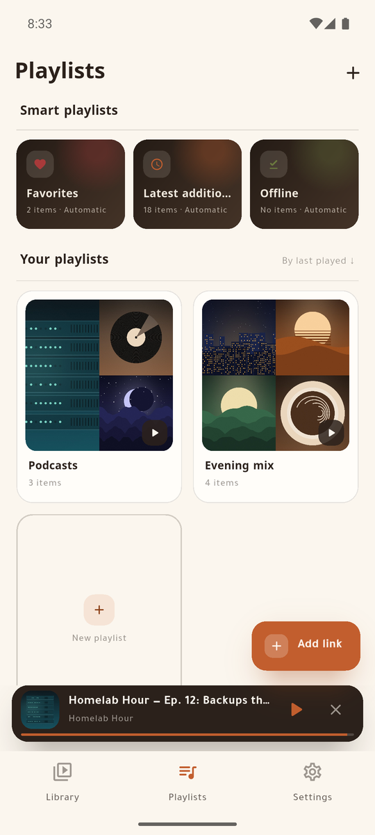 Playlists: three automatic lists above the user's own, each with a cover mosaic
