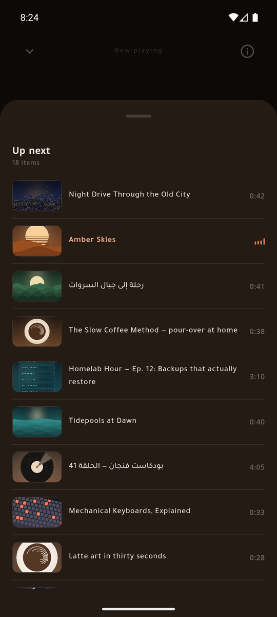 The up-next queue at night, with durations and the item now playing